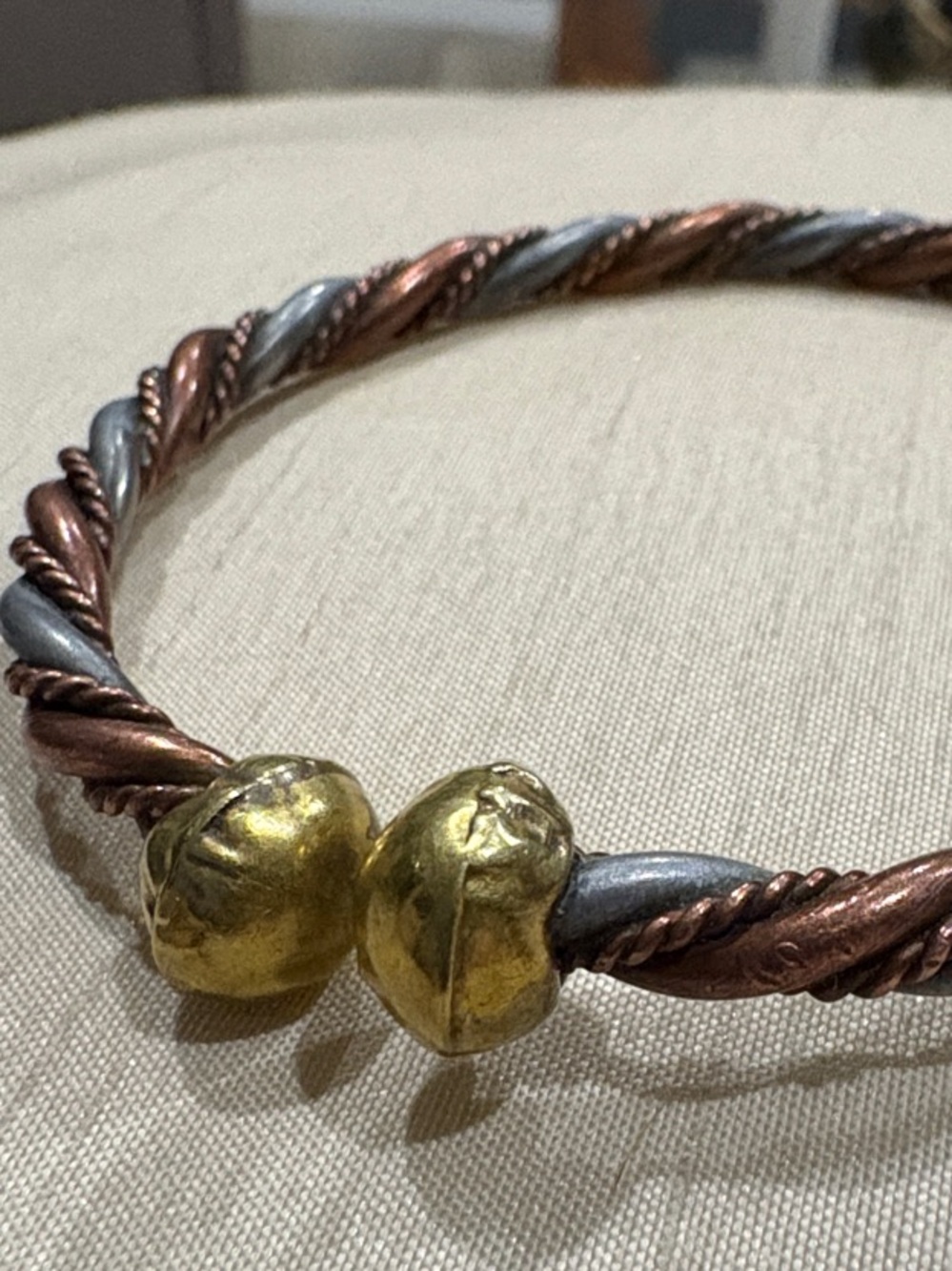 Vintage Copper & Steel Twisted Cuff Bracelet with Round Brass End Cap Beads